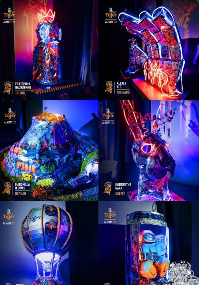 Installations made from Tiger cans and neon