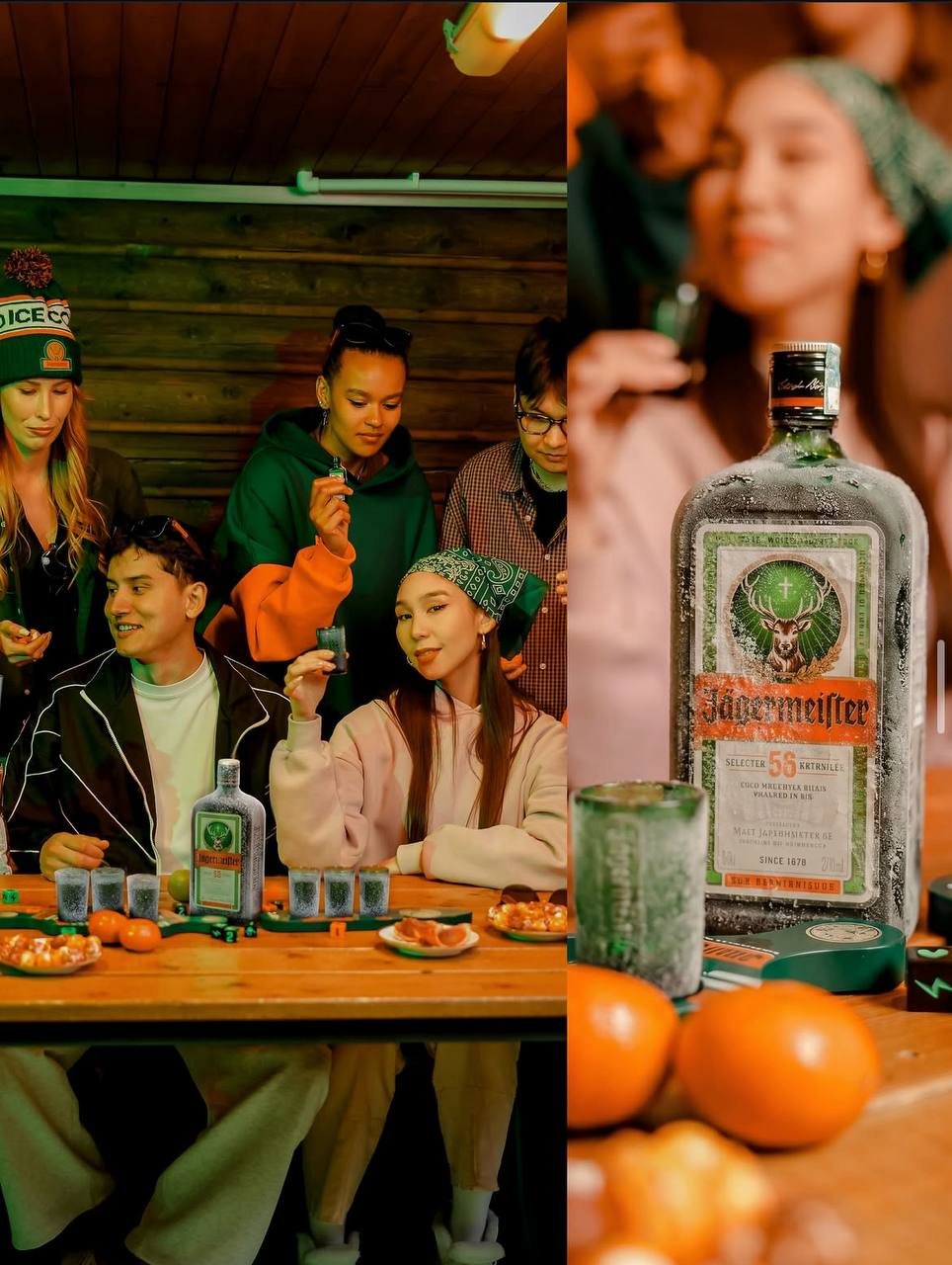 Friends around a table with ice-cold Jägermeister shots